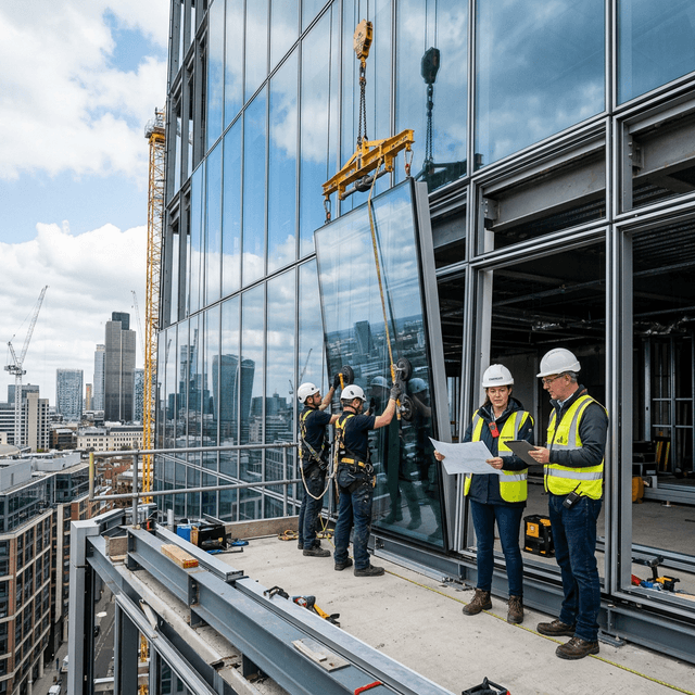 Façade installation on commercial building